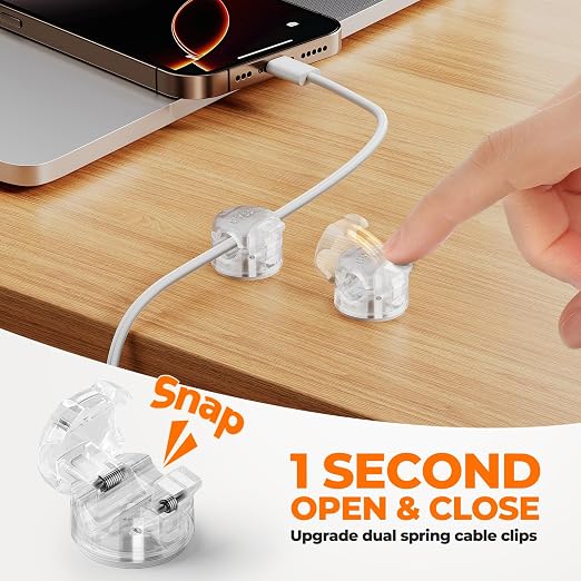6 Pack Locking Spring Cable Clips, Rotatable Cord Organizer with Secure Lock Design, Adhesive Cord Holder for Desk Home Office Car Wall Charger Cable Management, Clear