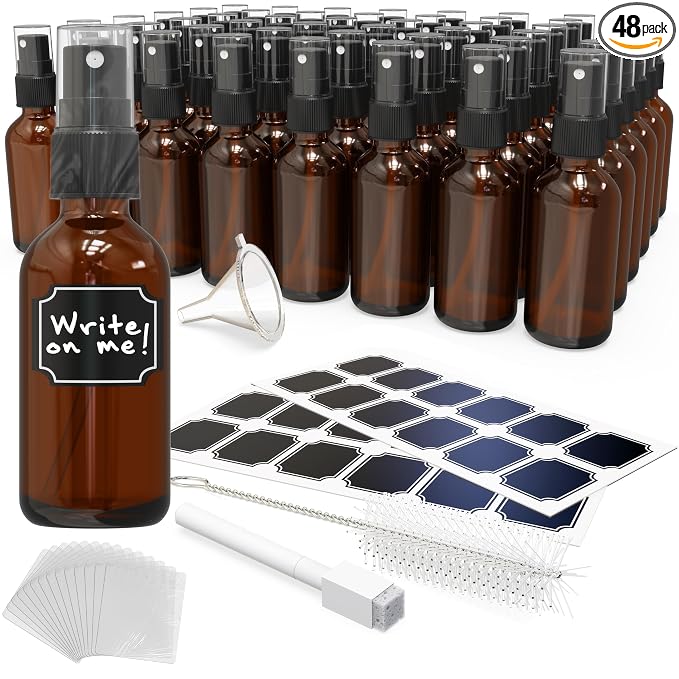Nevlers Small Spray Bottle 2 Oz 48 Pack Small Glass Bottles | Amber Glass Spray Bottles for Cleaning & Perfume Alcohol | Mist Bottle Set w/ Shrink Wrap, Funnel, Brush, Labels & Marker