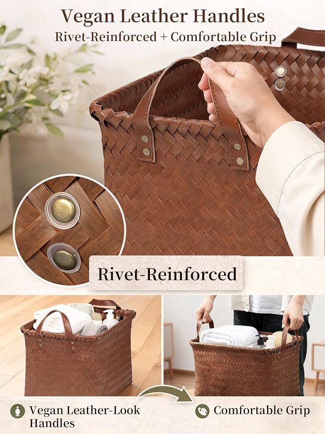 Hand Woven Baskets for Storage, 4Pcs Water-Resistant Wicker Baskets, Brown Wicker Storage Baskets for Shelves, Large Basket with Handle for Organizing, Clothes, Laundry, Blanket - Rectangular