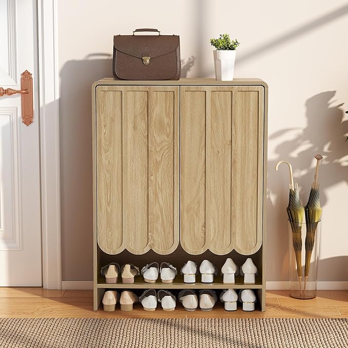 ORRD Shoe Storage Cabinet with Scalloped Doors, 5-Tier Wooden Shoe Cabinet with Adjustable Shelves, Shoes Rack Storage Organizer for Entryway, Hallway, Living Room, Natural