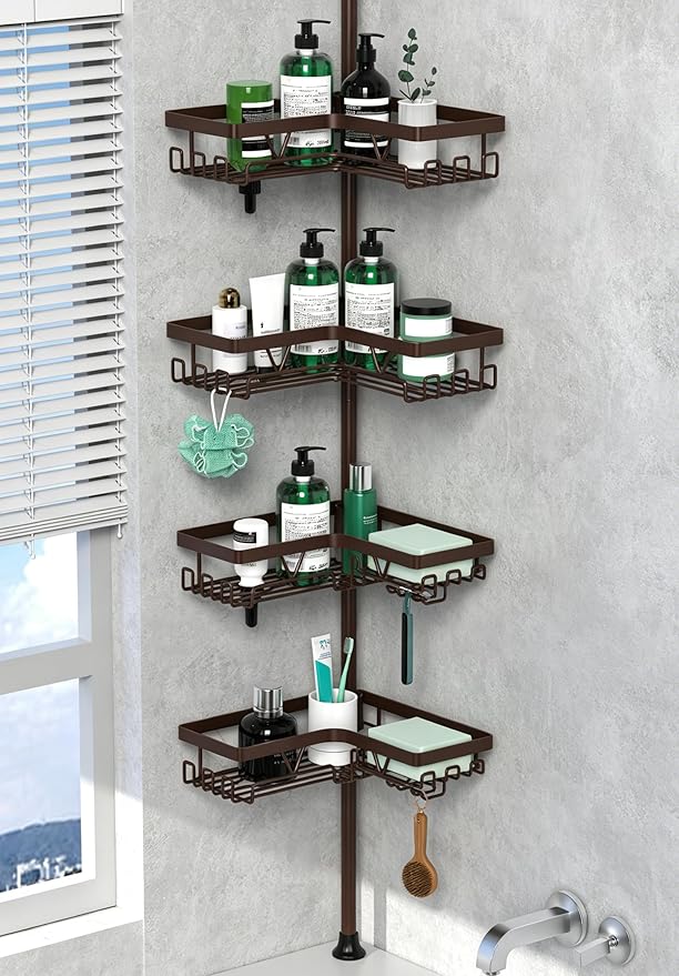 DAOYA Corner Shower Caddy Tension Pole Bronze Tension Rod Shower Organizer | 4-Tier Stainless Steel Showe Shelf, with Soap Holders & Side Hooks, for Bathroom/Tub, Adjustable 25-114inch, Space Saving