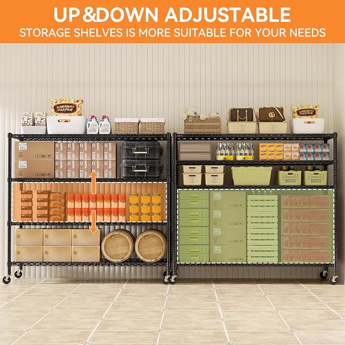 ROOMTEC 4-Tier Rolling Garage Shelving, 60"L*24"W*72"H, Max Loads 3200LBS | Wire Shelves with Wheels, Storage Rack Heavy Duty, Adjustable Metal Industrial Shelf for Kitchen,Pantry,Warehouse,Basement