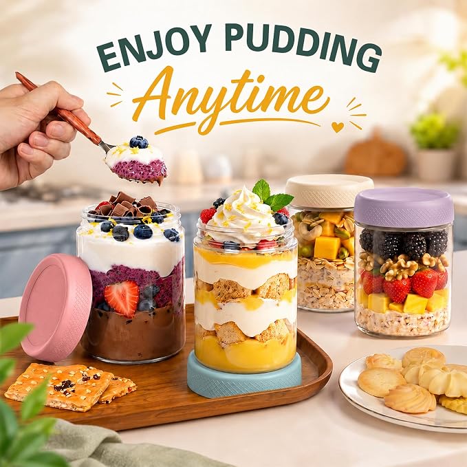 Overnight Oats Containers with Lids, Mason Jars 16 oz, Glass Storage Jars | 12 Pack Wide Mouth Glass Jars with Airtight Lid, Small Parfait Cups with Lids for Yogurt, Storage, Chia, Snack, Spice, Seed