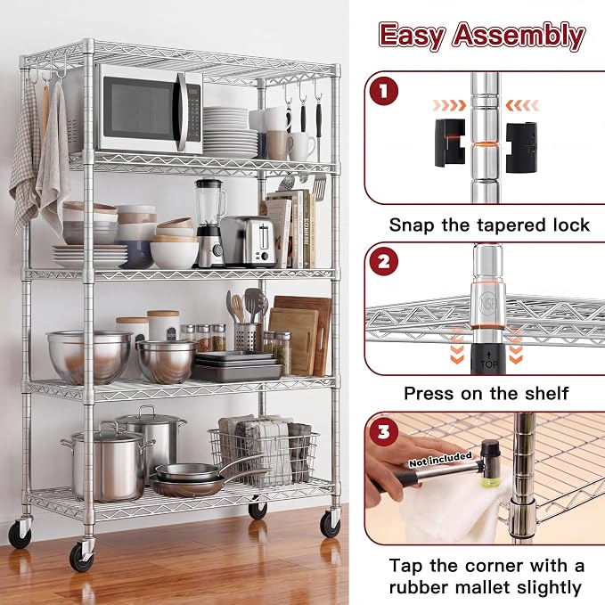 PrimeZone 3 Pack Steel Storage Wire Shelving 5 Tier Metal Shelves with Wheels,Adjustable Kitchen Utility Shelving Unit,Pantry Rack Rolling Metal Shelf Laundry,Chrome 24" Wx18 Dx75 H