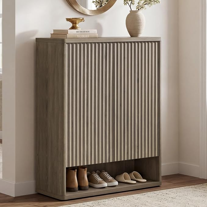 SICOTAS Shoe Cabinet 44 inch Tall Fluted Shoe Cabinet with Doors & 4 Shelves Wooden Large Hidden Shoe Storage Organizer Modern Free Standing 6-Tier Cabinet for Entryway Living Room Closet