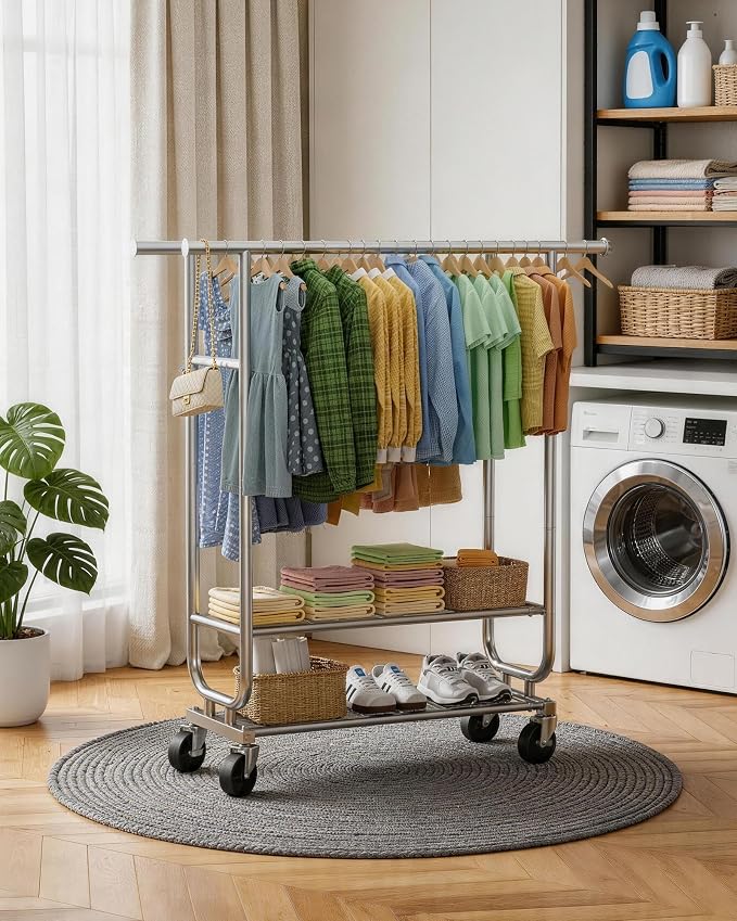Sakugi Double-Rod Garment Rack 2-Tier 42.5x16.9x65.2 Silver with Wheels | Bedroom, Closet, Laundry Room, Heavy Duty, Stainless Steel