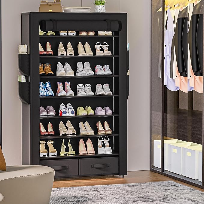 OYREL Shoe Rack Storage Cabinet with Dustproof Cover Two Boxes | 32 Pairs Tall Shoe Organizer Shelf for Closet Large Free Standing Shoe Rack Vertical Shoe Holder Stand