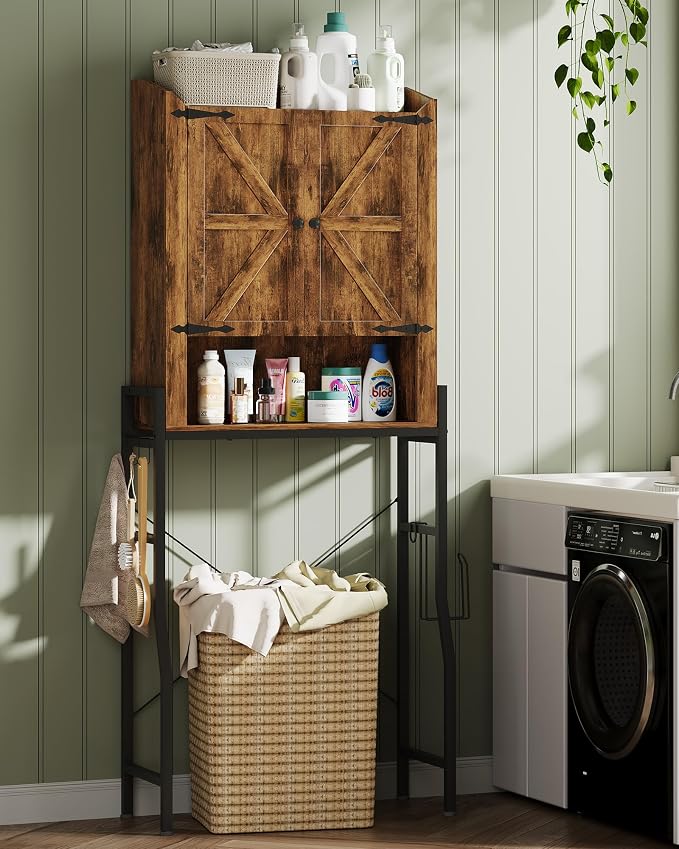 Memobarco Over The Toilet Storage Cabinet with Metal Stand, Rustic Brown | Toilet Paper Holder, 3 Extra Hooks, Anti-Tipping Device, With Adjustable Shelves, for Bathroom, Restroom, Laundry
