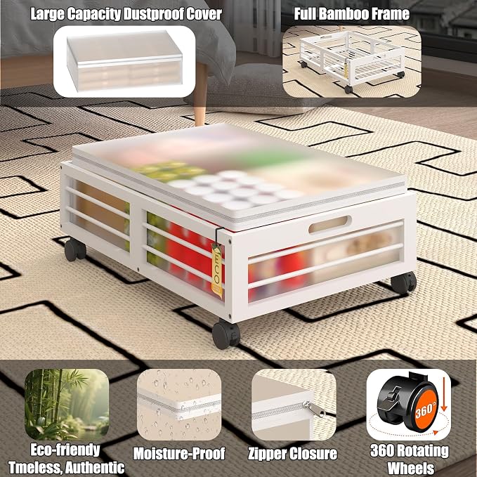 2 Pack Bamboo Under Bed Storage Drawers with Wheels Clothes Toy Organizer | Rollable underbed storage, 360° wheels, free 90L dust bag, 160lbs load, stackable organizer