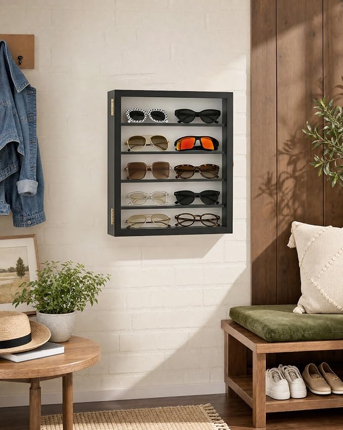 TJ.MOREE Sunglass Organizer Wall Mounted Glasses Holder Display Case 5 Tier | 13 x 15 inches Wooden Storage Box for Multiple Pairs Eyeglasses Sports Sunglasses