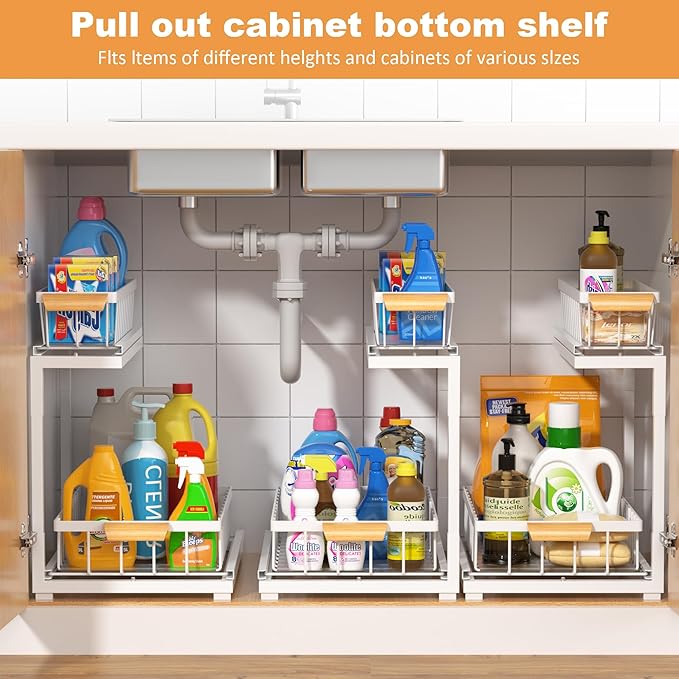 Under Sink Organizer 2 Tier, Pull Out Drawer Slides Under Sink Storage for Bathroom Kitchen,Multi-Purpose Drawer Under Cabinet Organizer for Cleaning Supplies (White, Large-1 Pack)