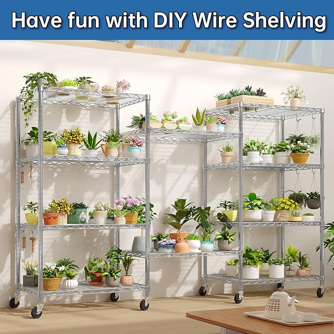 24" Wx18 Dx75 H Chrome Storage Shelves with Wheels, 5 Tier Wire Shelving Adjustable Metal Shelving Pantry Shelves Capacity 1250LBS for Garage Shelving, Pantry, Kitchen, Closet,4PACK