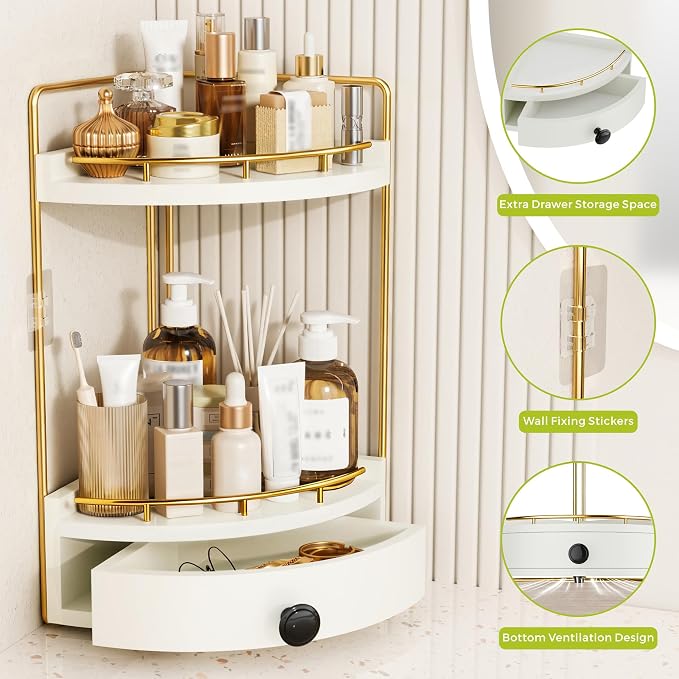 2-Tier Corner Bathroom Counter Organizer with Drawer, White Gold | Embedded Screw Holes, Wooden Countertop Organizers, Space-Saving, Bottom Ventilation Design, Counter Shelf for Vanity