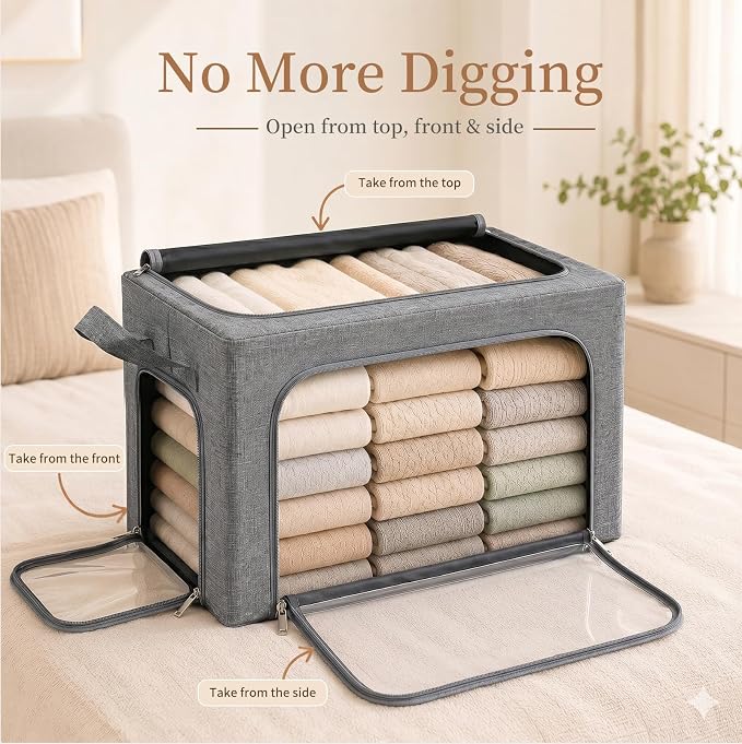 GoMaihe 3 Opening Clothes Storage Bins with Metal Frame, 66L Blanket Storage Organizer for Walk-in Closet Large Storage Boxes with Clear Window for Bedding Winter Clothing 3-Pack Grey