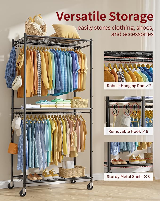 Sakugi Clothes Rack with Cover, Wardrobe Closet, 35.4"x17.7"x79.7", Iron | Bedroom, Dorm, Apartment, Open Front, Heavy Duty, Lockable Wheels, Rust-Resistant, Black