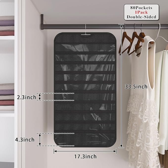 Hanging Jewelry Organizer 80-Pocket Double-Sided Storage, 1-Pack, Black | Foldable clear PVC 80-pocket storage; swivel hook fits walls, doors & rods to organize earrings, necklaces, bracelets & rings