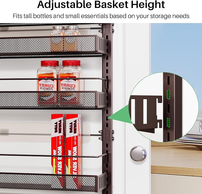 SNTD 8 Tiers Over the Door Organizer - Height Adjustable Pantry Organizers and Storage with Dense Mesh Baskets, Anti-Swing Hanging Door Spice Rack for Kitchen Bathroom (Bronze, 17" W x 6" D x 69" H)