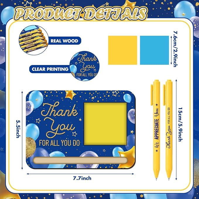 Kosiz 10 Set Back to School Teacher Gifts Blue Gold Wooden Sticky Note Holder with Notes and Ballpoint Pens Inspirational Sticky Notes Sets for Teacher Back to School Thank You Gift