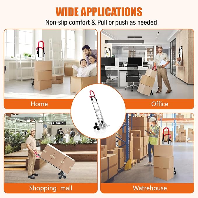 Aluminum Stair Climbing Cart, 600 lbs Capacity Stair Climber Hand Truck Dolly, 2 in 1 Heavy-Duty Trolley Cart with Dual Handles, 6 Wheels & 2 Elastic Ropes for Home Shopping Moving Warehouse