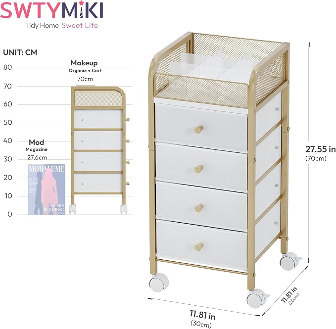 SWTYMIKI Rolling Makeup Organizer Cart - Under Desk Vanity Makeup Storage with 4 Non-woven Drawers, Nail Cart Organizer Cosmetic Display Cases Cabinet for Skin Care Perfume Nail Polish Brush Hair Tool