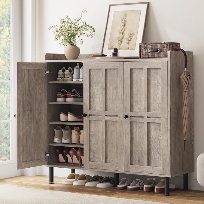 5+2 Tier Shoe Storage Cabinet with 3 Doors, 40" Tall Entryway Cabinet for 30 Pairs Shoe, Shoe Rack Organizer with 5 Adjustable Shelves & Metal Legs, Shoe Storage for Front Door Entrance, Washed Gray