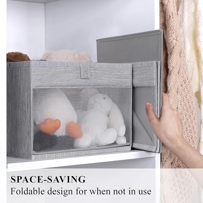 WUIKE Closet Storage Bins with Clear Window, Fabric Organizer Baskets with Handles, Foldable Linen Closet Organizers and Storage for Shelves, Light Gray, 11" L x 11" W x 8" H, 3 Pack