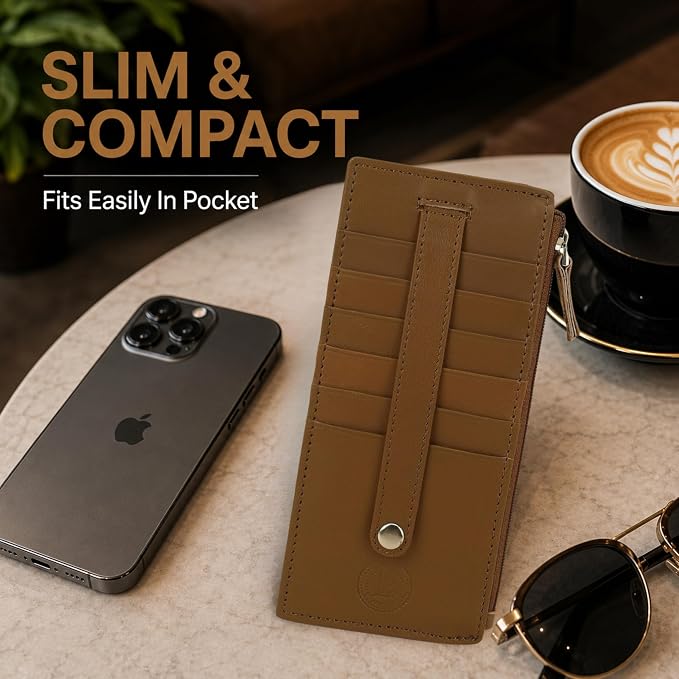 All in One Card Case Holder Slim Wallet With a Card Protection Strap by Leatherboss (Tan)