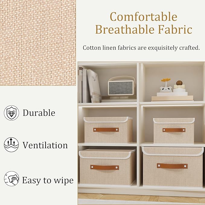 OUTBROS Storage Boxes, Collapsible Storage Bins with Lids, Cotton and linen cloth Storage Baskets with Handle, for Books, Closet, Bedroom, Home, 10.2x7.9x6.7 in, Beige