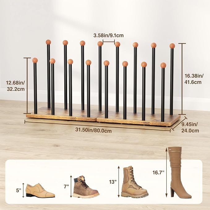 pickpiff Boot Rack 8-Pair Cedar Ball End Boot Rack Shoe Organizer Free standing Metal Holder with Wood Base