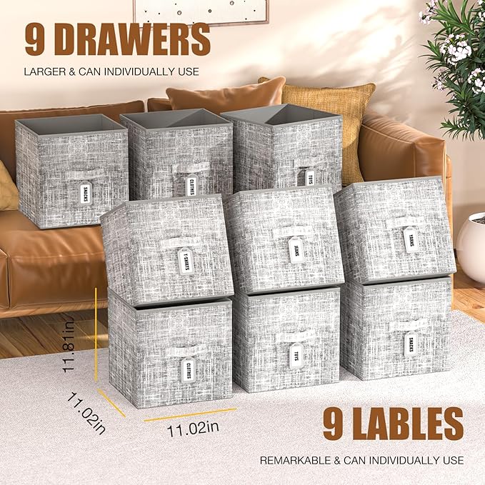 LUKYTOWER 9 Cube Closet Organizer with Beautiful Printed Drawers + Labels,Adjustable Modular Storage Shelf, Toy Cubby Organizer