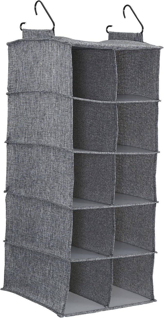 Household Essentials 10 Pocket Double Hang Canvas Shoe Organizer Side‑by‑Side Hanging Storage, Gray