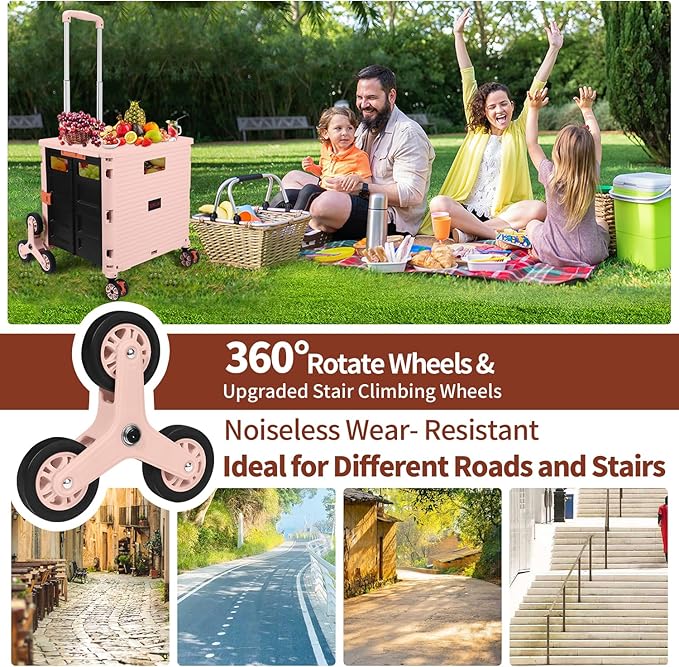 SELORSS Foldable Utility Cart Collapsible Crate Rolling Carts with Stair Climbing Wheels Rolling Tote Basket Teacher Cart with Lid Wear-Resistant 360°Rotate Wheel Noiseless for Shopping Grocery Office