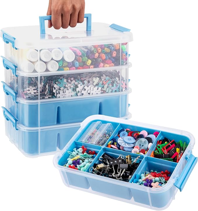 CraftGenes Art Supply Storage Organizer, 4-Tier 10 Qt Box, 2 Trays, Blue | Clear Compartments; Dual Removable Inserts; Carry Handle; Side Latches; Markers, Crayons, Brushes, Beads, Drawing Tools