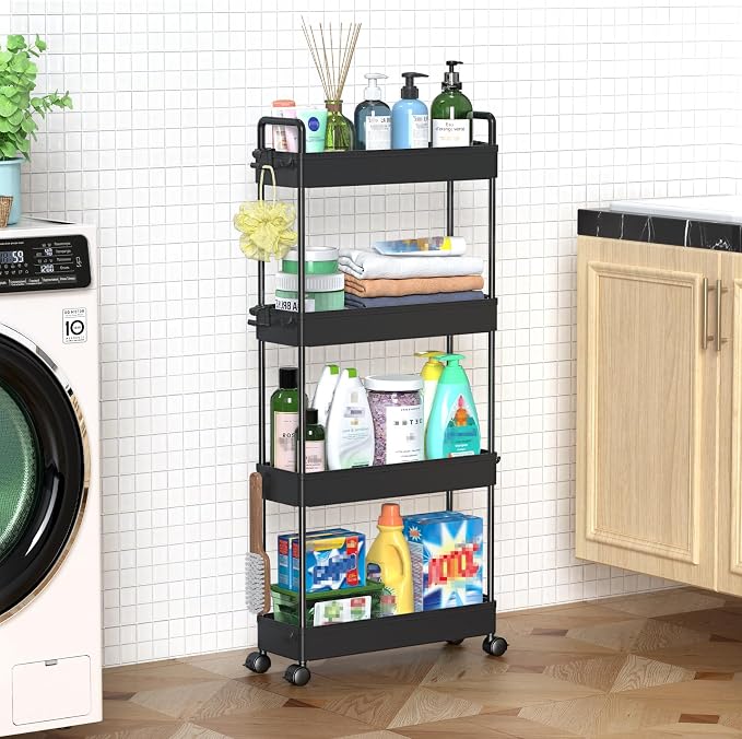 SOLEJAZZ Slim Rolling Storage Cart Skinny Bathroom Organizer, 4 Tier, Black | Thin utility cart with wheels for bathroom, laundry room, bedside, kitchen, dorm, office, next to fridge, small narrow places