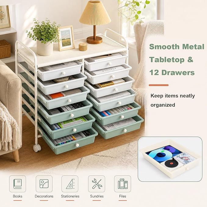 GOFLAME 12-Drawer Rolling Storage Cart, Art Craft Organizer Cart, Mobile Utility Storage Cart with Removable Drawers & Lockable Wheels, Craft Cart for Home Office School, Green Gradient