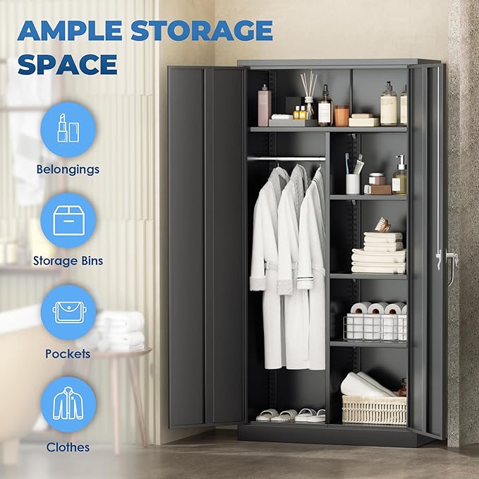 INTERGREAT Wardrobe Cabinets with Locking Doors and Shelves, Clothing Locker Storage Cabinet 72" X 36" X 18" for Home Room, School, Employee, Gym, Black
