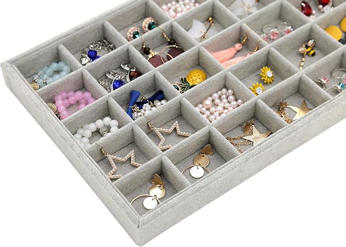 Stratalife 30 Grid Jewelry Organizer Tray, Stackable Drawer Earring Organizer with Adjustable Dividers, Jewelry Display Tray for Necklace Earring Ring Bracelet, 13.8" x 9.4" x 1.2", Grey