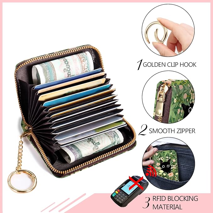 Blusabaca Women's Black Cat Floral RFID Wallet, Waterproof, Leather, 12 Card Slots, 2 Pockets for Coins, 2.5 in x 3.5 in | Removable Keychain, Case with Zipper, Vegan PU Leather, Cash Coin Pocket, Business Accordion Purse, Ladies Female Gift