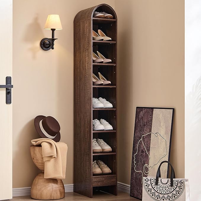 IFGET 67" Tall Arched Shoe Storage Cabinet, 8 Tiers 8 Pairs Wooden Shoe Rack with 3 Adjustable Shelves, Freestanding Shoe Closet Shelf Organizer for Entryway, Hallway, Living Room (Brown)