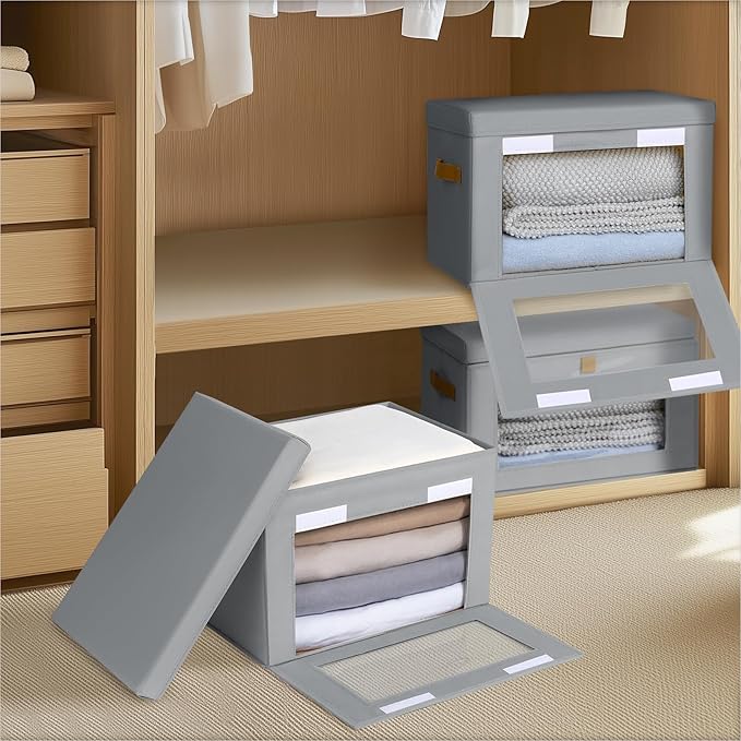 Homsorout Small Fabric Storage bins - Collapsible Storage Bins with Open Window, 3 Pack Closet Baskets for Shelves, Stackable Decorative Boxes for Home, Dorm, Grey, 13.7"x 9.8" x 9.8"