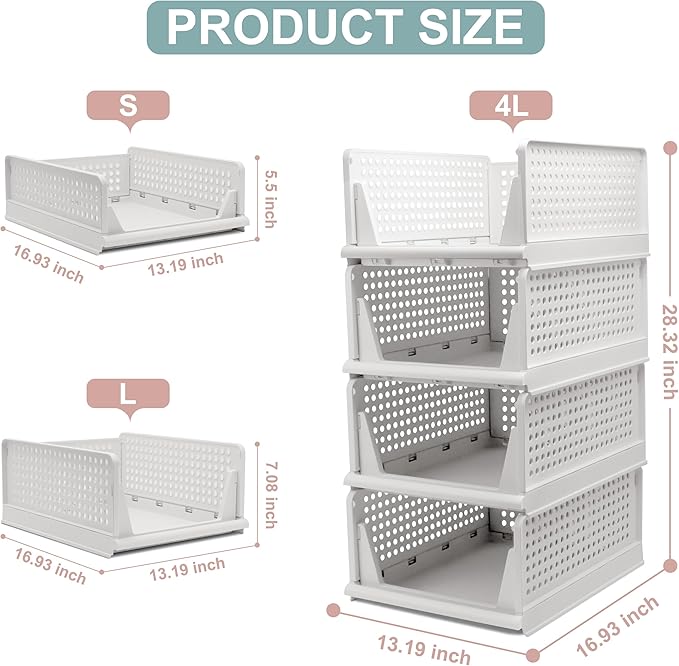 Goderewild Stackable Foldable Storage Baskets, Folding Storage Bins, Closet Organizers and Plastic Drawer Shelf Storage Container for Wardrobe, Cupboard, Kitchen, Bathroom, Office (White, 4L)