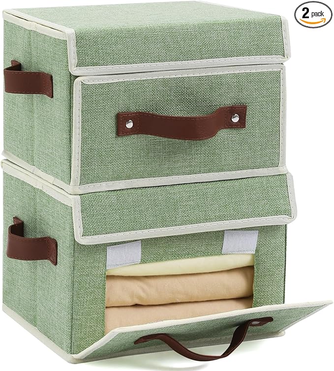 2PCS Storage Bins Box with Lids Front Opening Window Decorative Cotton Linen Fabric Basket PU Leather Handles PP Board Foldable Washable Shelf Closet Organizer Container (Light Green, Small)