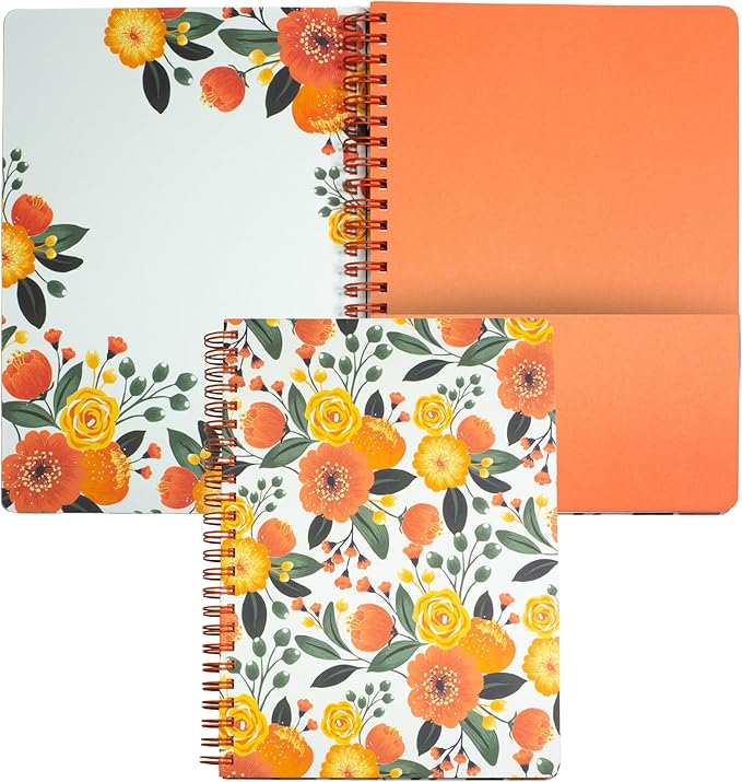 Steel Mill & Co Cute Mini Spiral Notebook, 8.25" x 6.25" Journal with Durable Hardcover and 160 Lined Pages, Orange Floral