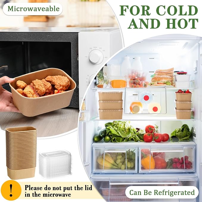 Maxdot 50 Pack 29 oz Disposable Food Containers with Lids Paper Food Containers Bowls for Meal Prep, Salad, Ice Cream, Yogurt, Soup Bowls Party Leftover Box