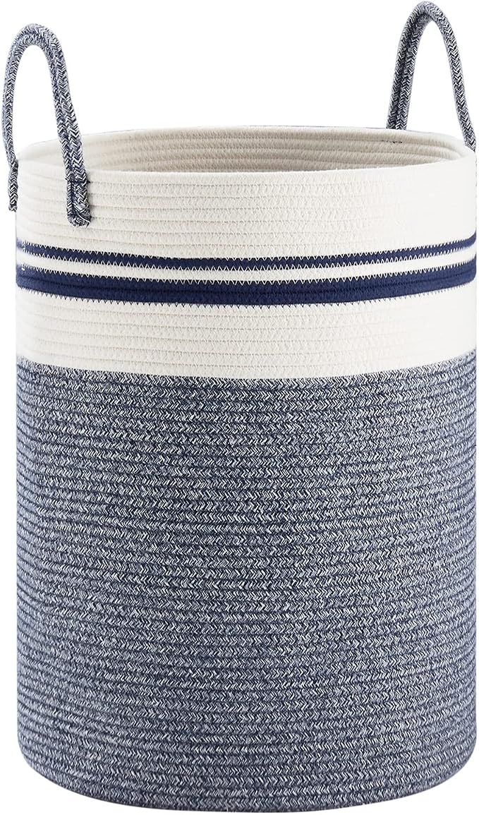 Woven Rope Laundry Hamper Basket by YOUDENOVA, 58L Tall Luandry Basket, Baby Nursery Hamper for Blanket Storage in Bedroom-Large-Blue