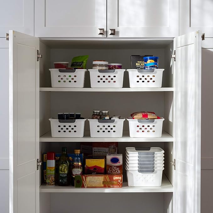 IRIS USA 8-Pack, Small Plastic Storage Basket, White | Organize pantry items, office supplies, crafts, accessories, and household essentials with easy-carry storage for shelves