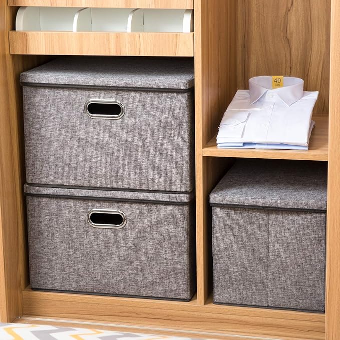 PRANDOM Large Collapsible Storage Containers with Lids [5-Pack] Linen Fabric Foldable Storage Bins Boxes Organizer Baskets Cube with Cover for Home Bedroom Closet Office Nursery (17.7x11.8x11.8)