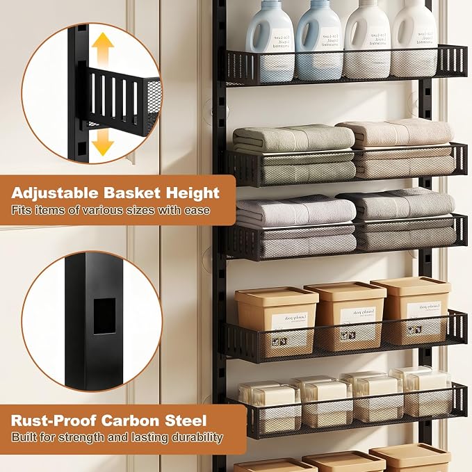 Over the Door Pantry Organizer, 2-in-1 Wall Mount or Hanging Spice Rack, 8-Tier Pantry Door Storage Shelf with Adjustable Baskets, Anti-Swing Design for Kitchen, Bathroom, Laundry Room