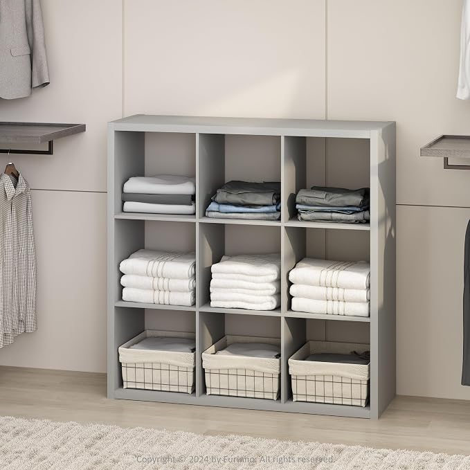 Furinno Cubic Extra Thick 9-Cube Closet Organizers and Storage, Light Grey | 14.6 x 44 x 44 in, Open Shelf Closet Storage, Closet Organizer, for Wardrobe, Bedroom, Living Room