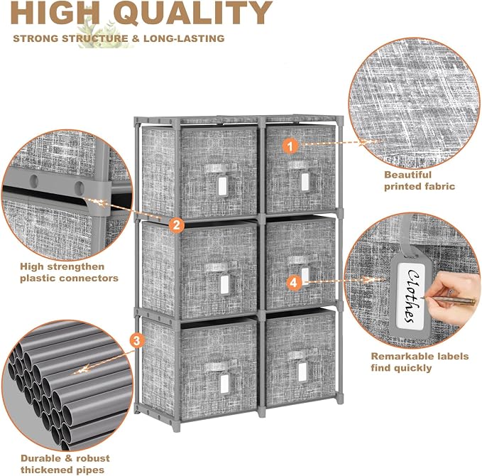 LUKYTOWER Cube Storage Organizer Shelf with 6 Printed Bins + Labels, Adjustable Modular Cubby Storage Organizer with Bins, Large Capacity Shelves for Storage,Closet, Living Room, Dorm, Yarn